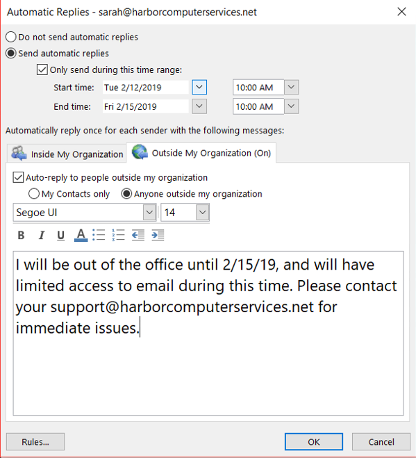 outlook set out of office message